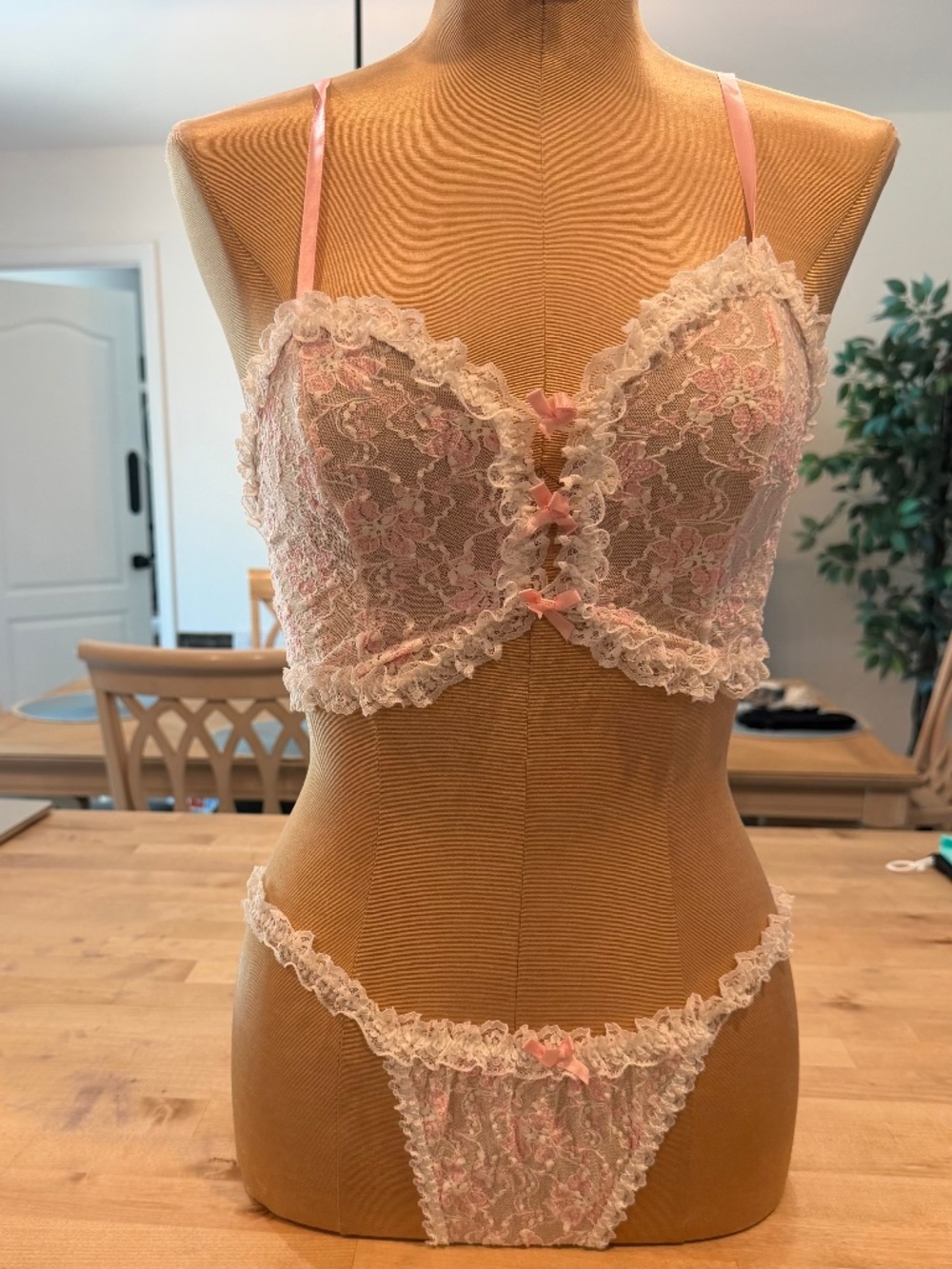 Pink Floral Lace Bustier Corset Set
